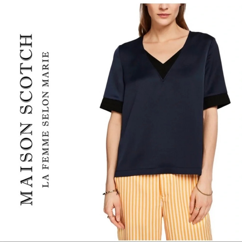 Scotch  & Soda Blue Solid Rib Top V-Neck Top Short Sleeve Size Small